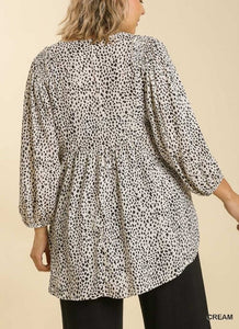Animal Print V Neck Smocked Detail Baby doll Top