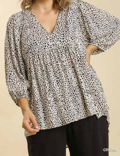 Animal Print V Neck Smocked Detail Baby doll Top
