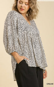 Animal Print V Neck Smocked Detail Baby doll Top