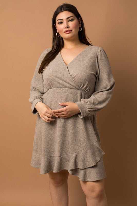 LONG SLEEVE SURPLICE MINI DRESS WITH RUFFLE