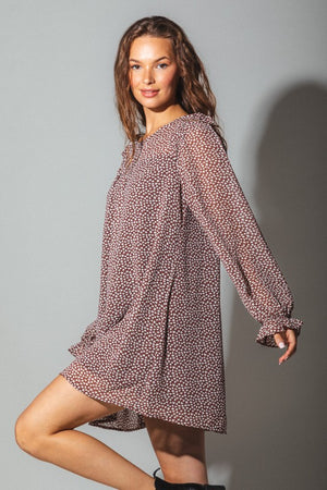 Balloon sleeve ruffle detail printed mini dress