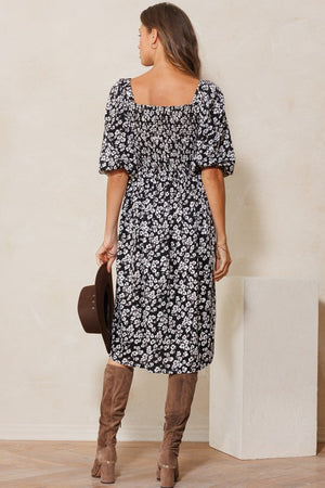 Floral Woven Print Bodice Smocked Midi Dress