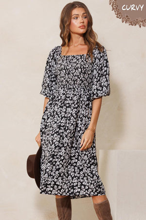 Floral Woven Print Bodice Smocked Midi Dress
