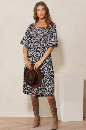 Floral Woven Print Bodice Smocked Midi Dress