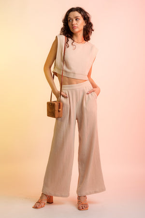 High-Waisted Quilted Pocket Wide Leg Pants