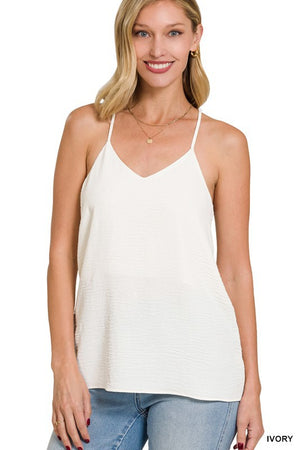 WOVEN AIRFLOW ADJUSTABLE STRAP V-NECK CAMI TOP