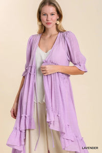 V-Neck 3/4 Ruffle Sleeve Tiered High Low Kimono Cardigan