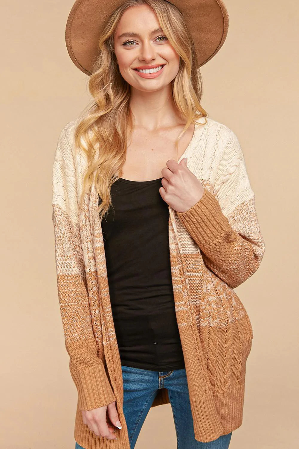 IVORY CARAMEL CABLE PATTERN OMBRE SWEATER KNIT CARDIGAN