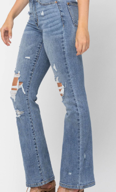 HIGH WAIST STONE WASH DESTROYED BOOTCUT