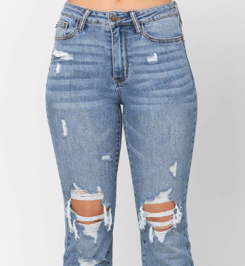 HIGH WAIST STONE WASH DESTROYED BOOTCUT