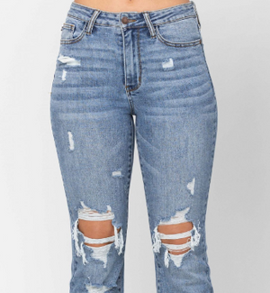 HIGH WAIST STONE WASH DESTROYED BOOTCUT