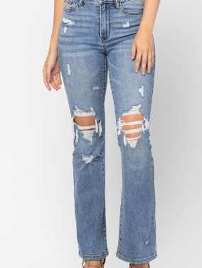 HIGH WAIST STONE WASH DESTROYED BOOTCUT