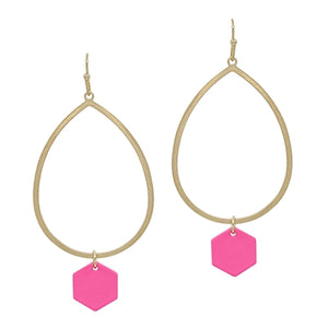 Gold Teardrop with Color Coated Metal Hexagon 2" Earring