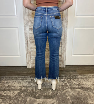HIGH RISE RAW HEM ANKLE FLARE