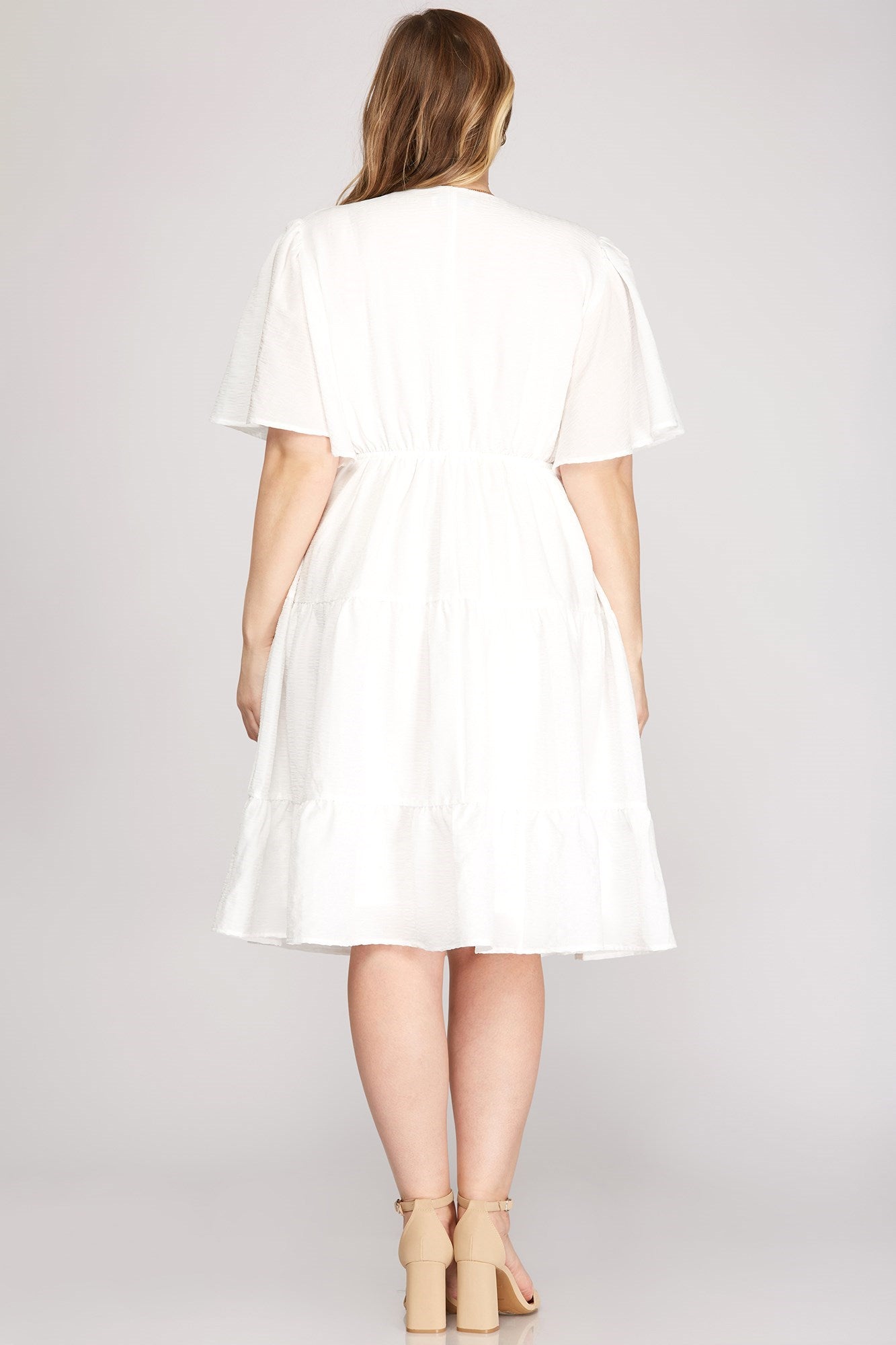 FLUTTER SLEEVE WOVEN TIERED DRESS