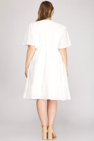 FLUTTER SLEEVE WOVEN TIERED DRESS