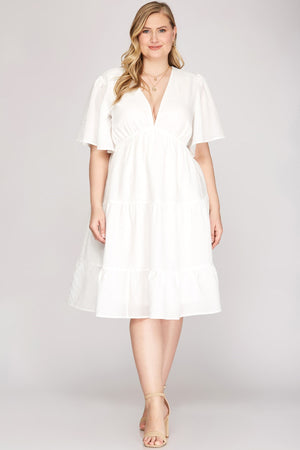 FLUTTER SLEEVE WOVEN TIERED DRESS