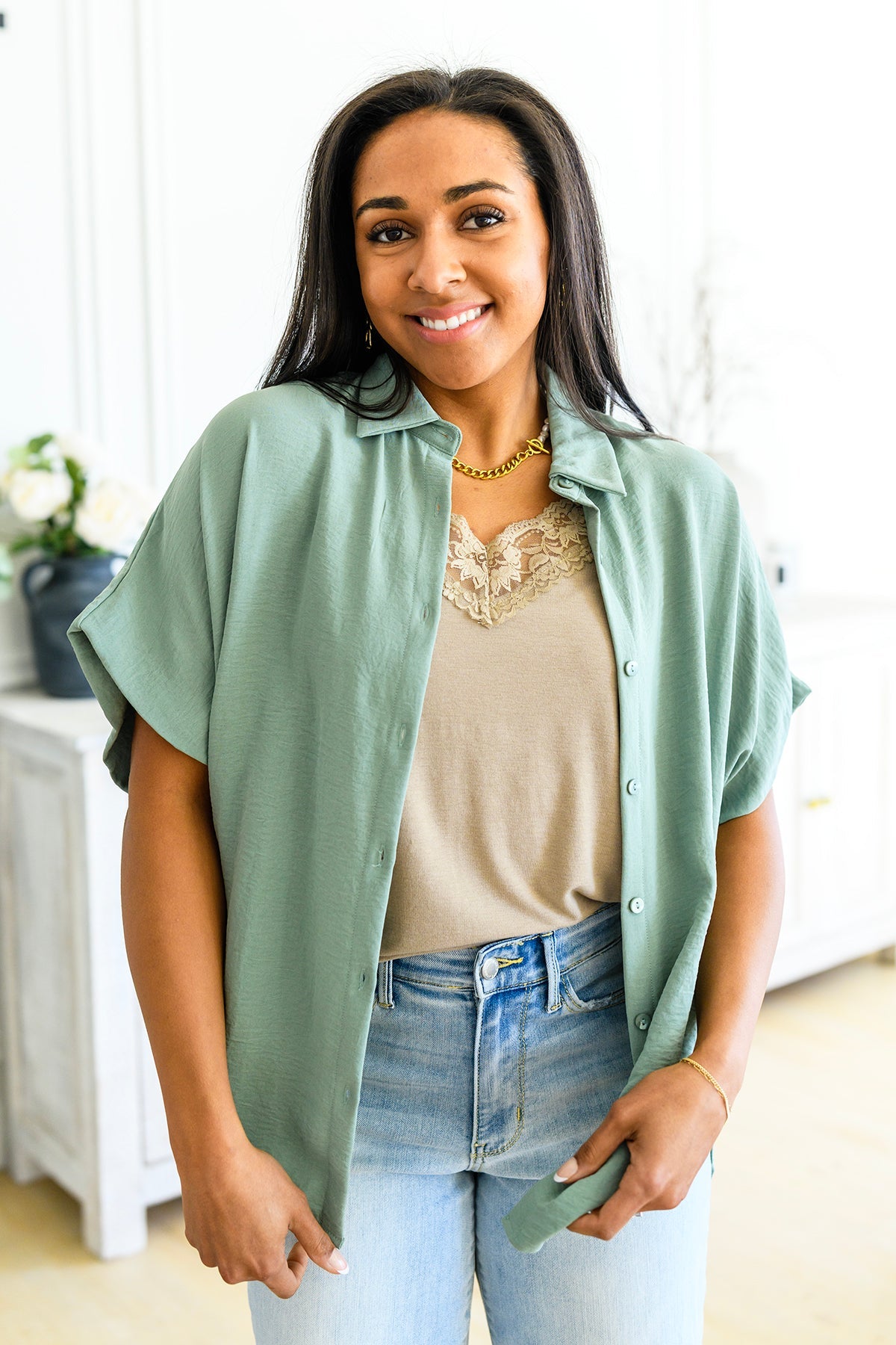 Sweet Simplicity Button Down Blouse in Sage