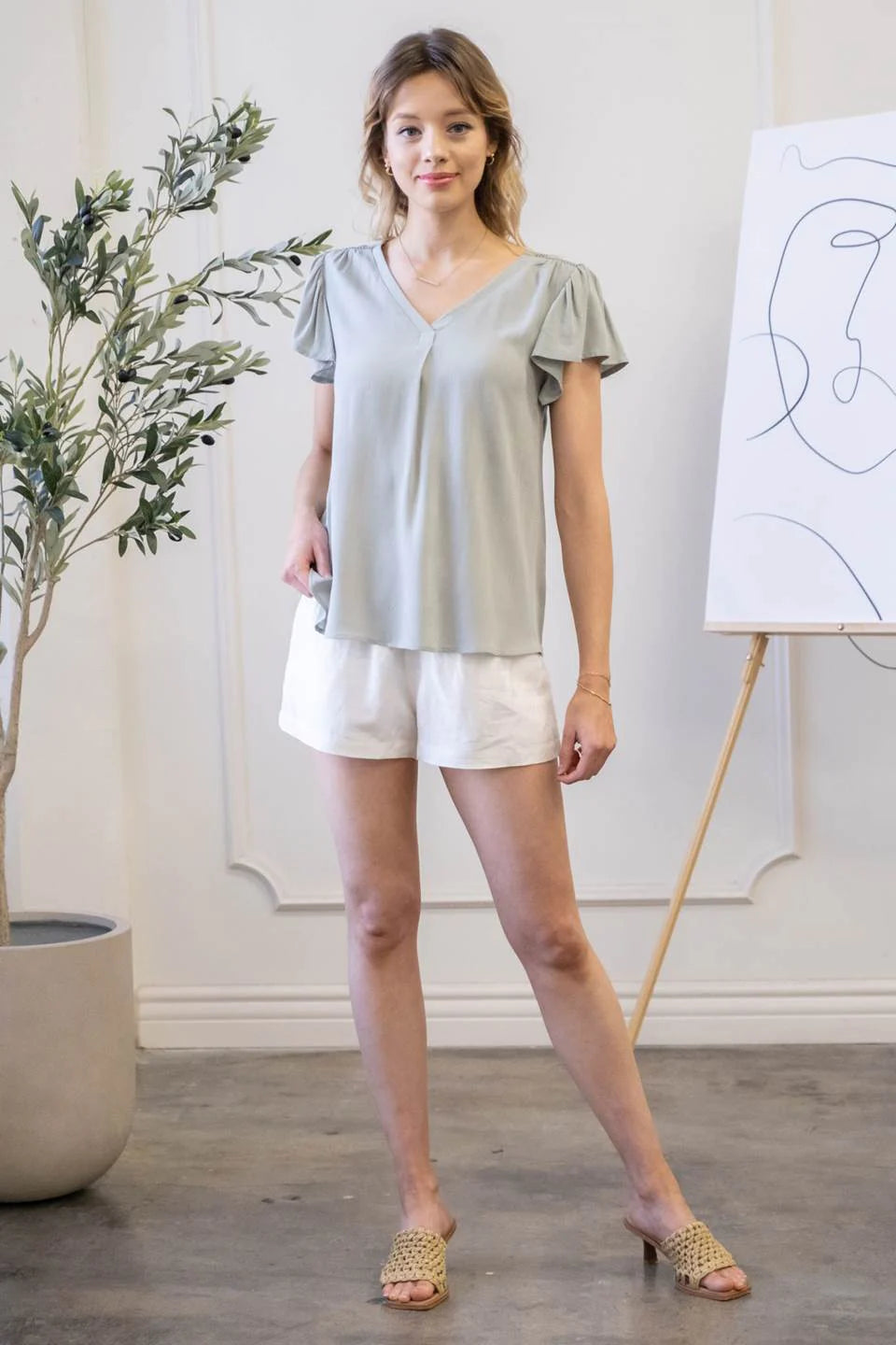 FOLDED V NECK WOVEN TOP