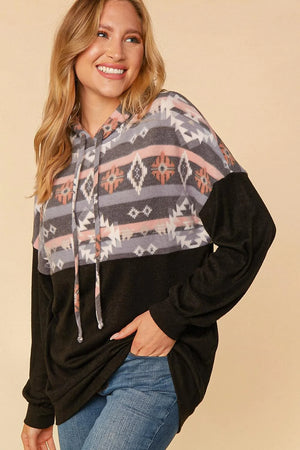 MAUVE GREY & BLACK AZTEC COLOR BLOCK PULLOVER HOODIE