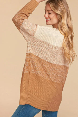 IVORY CARAMEL CABLE PATTERN OMBRE SWEATER KNIT CARDIGAN