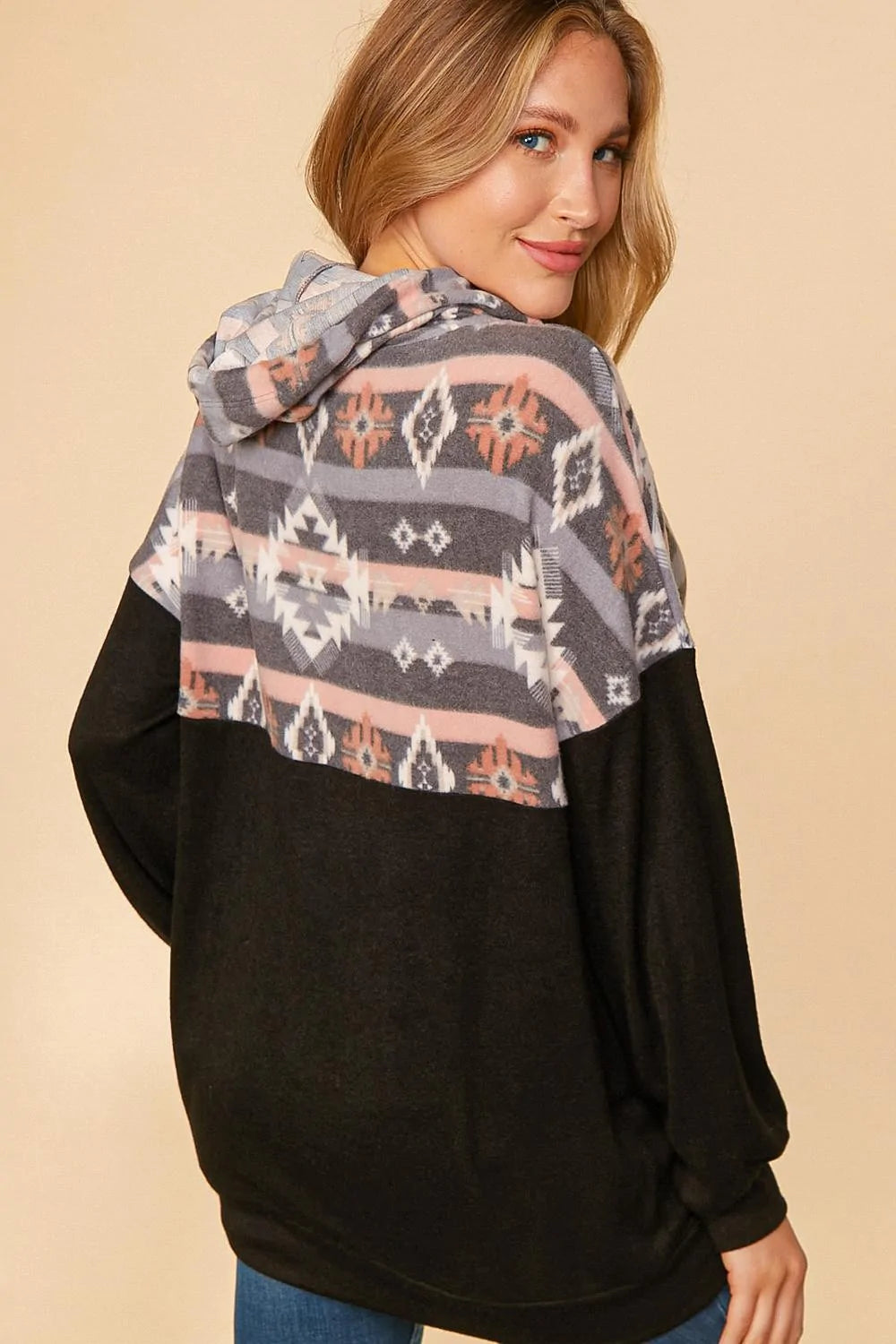 MAUVE GREY & BLACK AZTEC COLOR BLOCK PULLOVER HOODIE
