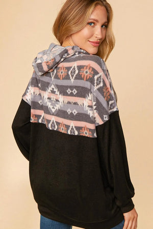 MAUVE GREY & BLACK AZTEC COLOR BLOCK PULLOVER HOODIE
