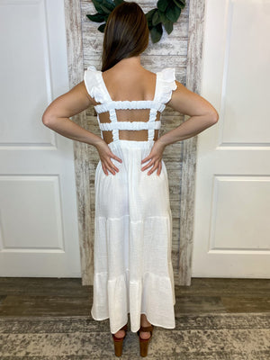 Sleeveless Smocked Bodice Strappy Back Midi Dress