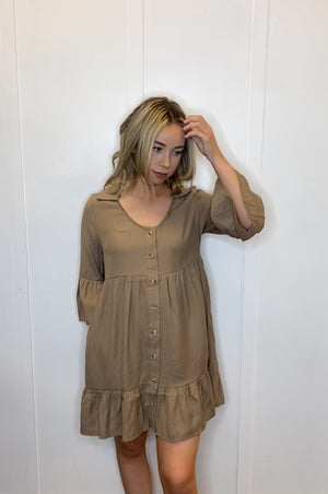 Button Down Collared Half Sleeve Tiered Mini Dress