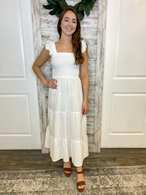Sleeveless Smocked Bodice Strappy Back Midi Dress
