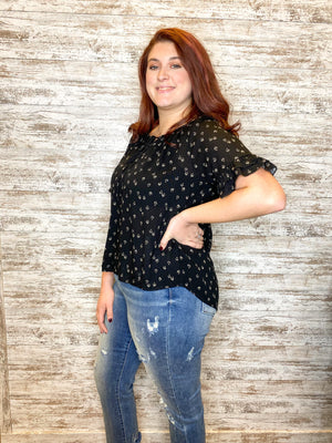 Floral Print Ruffle Short Sleeve Boat Neck Top