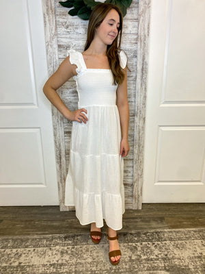 Sleeveless Smocked Bodice Strappy Back Midi Dress